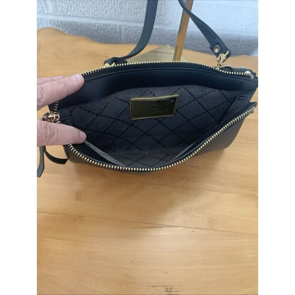 Mark & Hall Fold Over Black Faux Leather Crossbody Flap Bag Gold Rock Stud EUC